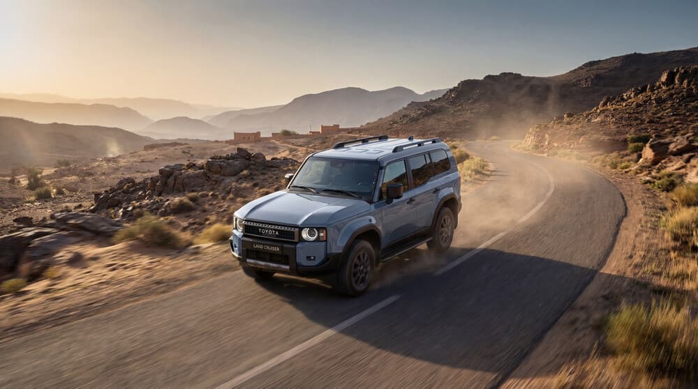 Toyota Land Cruiser bleu ciel roulant sur une route poussiéreuse en montagne, paysage désertique au coucher de soleil