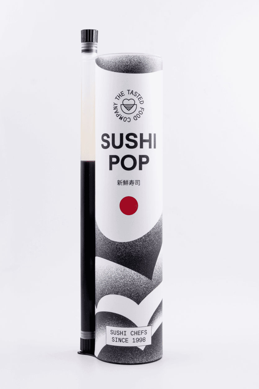 Tube blanc et gris de Sushi Pop, sushi en format pop contenant du saumon, avocat et riz