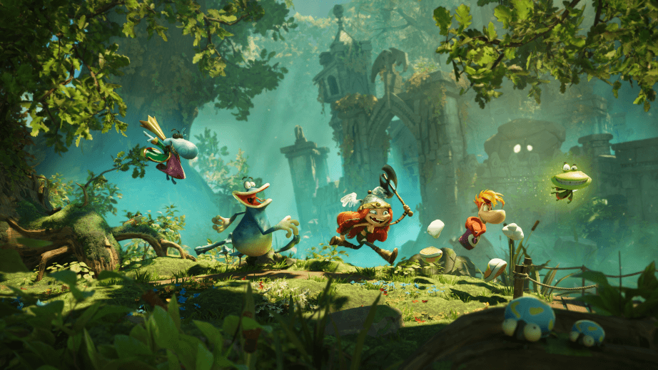 Rayman saute et combat des ennemis dans une forêt verdoyante aux teintes turquoise, avec des ruines de château en arrière-plan