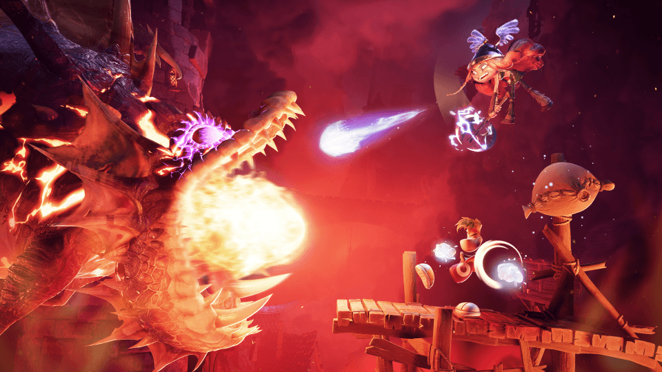 Rayman Legends Retold : Rayman et ses compagnons affrontant un ennemi géant dans un décor incandescent aux tons rouge et orange