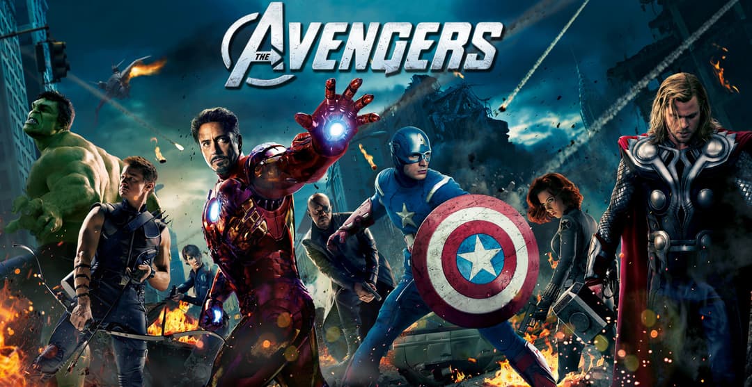 Affiche des Avengers avec six superhéros en costume coloré posant devant un décor urbain détruit aux tons bleus, avec explosions et débris