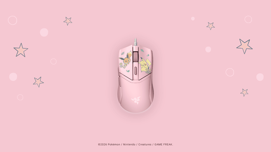 Souris gaming Razer rose Cobra édition Pikachu et Évoli, avec illustrations des deux Pokémon sur le dessus