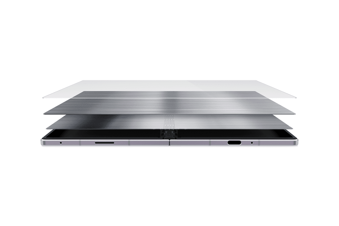 Samsung Galaxy Z Fold8 ouvert en vue éclatée montrant les couches d'écrans et la charnière centrale du téléphone pliable