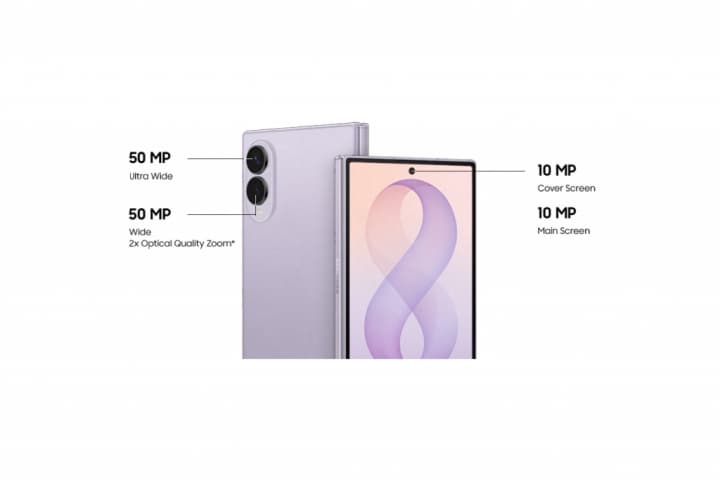 Samsung Galaxy Z Fold8 en violet, montrant l'appareil plié ouvert avec écran principal, entouré de spécifications détaillées des capteurs photo