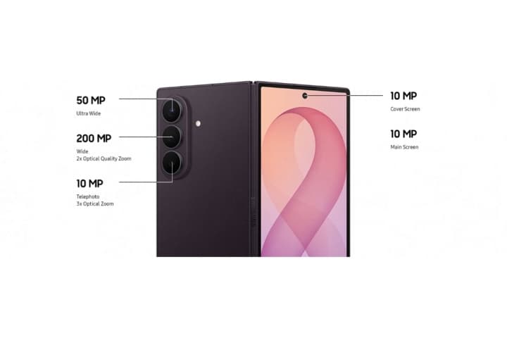 Samsung Galaxy Z Fold8 Ultra ouvert affichant ses capteurs photo 50 MP, 200 MP et 10 MP, et ses écrans 10 MP