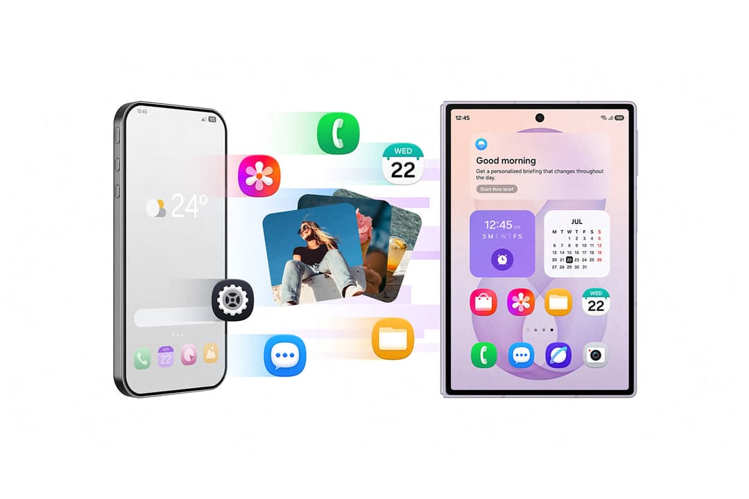 Smartphone Galaxy Flip8 et tablette Galaxy Fold8 affichant des interfaces avec icônes d'applications, photos et paramètres de synchronisation