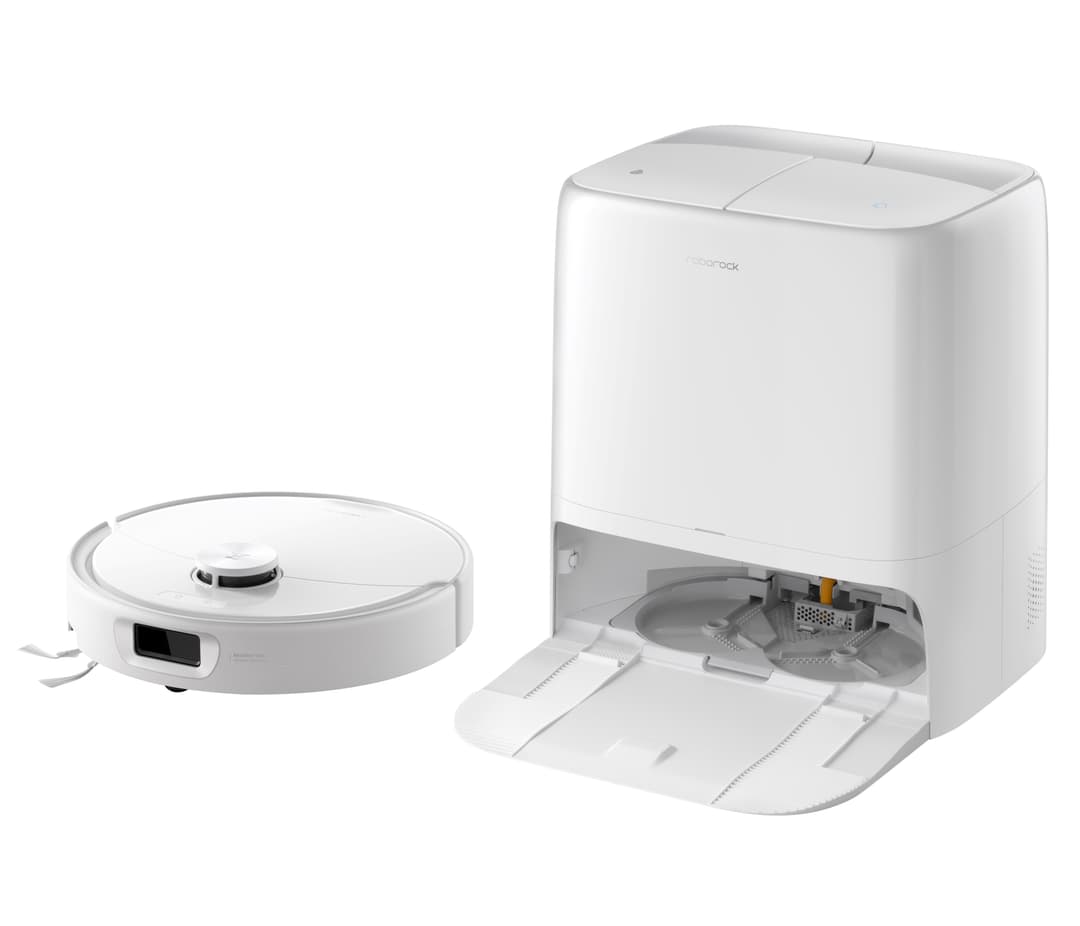 Robot aspirateur Roborock Qrevo 2 ProX blanc et sa station de nettoyage automatique avec bac collecteur et système de lavage intégré
