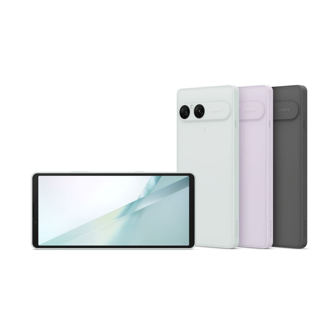 Sony Xperia 10 VIII présenté en trois coloris blanc, rose et noir, avec son écran allumé affichant un dégradé bleu-vert