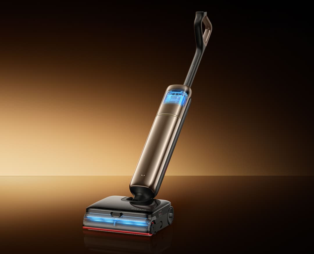 Nettoyeur vapeur Dreame T16 Pro Steam avec manche relevé, corps gris-beige et écran bleu, sur base noire avec lumières bleues et rouges