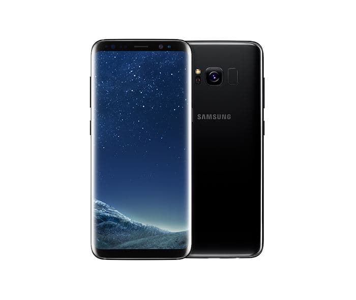 Smartphone Samsung Galaxy S8 noir présenté de face et de dos, écran affichant un paysage montagneux étoilé