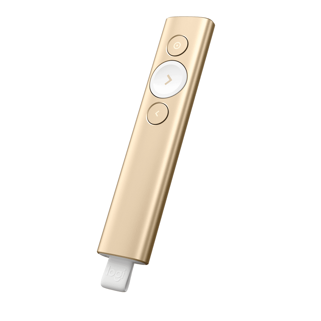Télécommande de présentation Logitech R500 de couleur or, avec trois boutons et un dongle blanc à la base