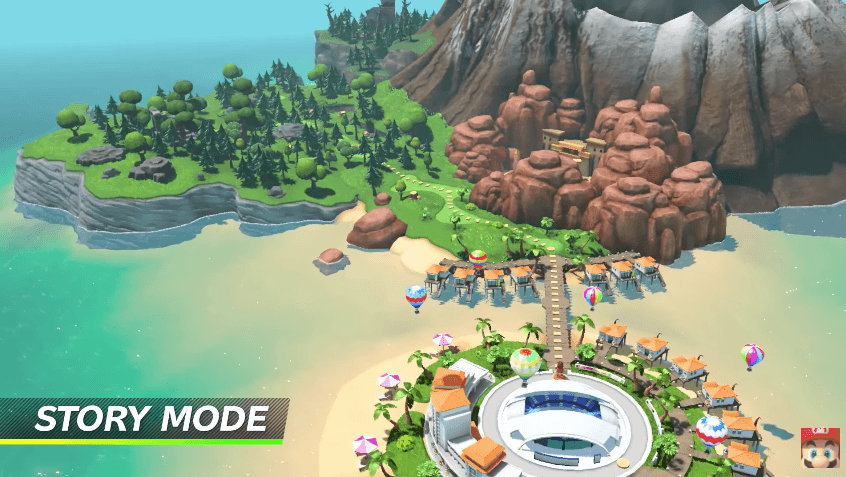 Court de tennis futuriste entouré de végétation tropicale et de formations rocheuses, dans Mario Tennis Aces