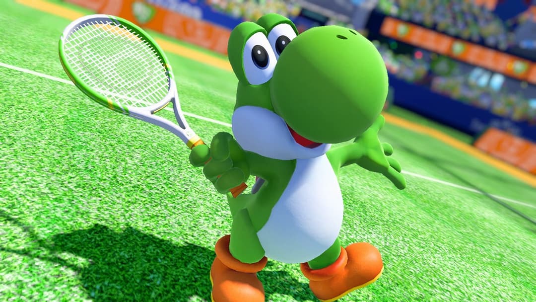 Yoshi vert et blanc tenant une raquette de tennis sur un court en herbe