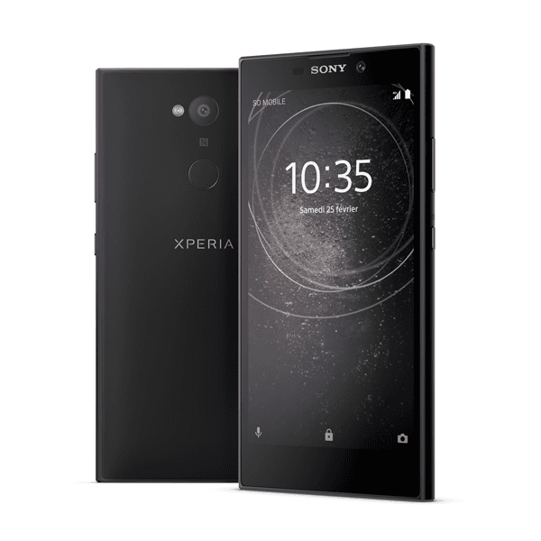 Smartphone Sony Xperia L2 noir présenté de profil et de face, avec écran affichant l'heure 10:35
