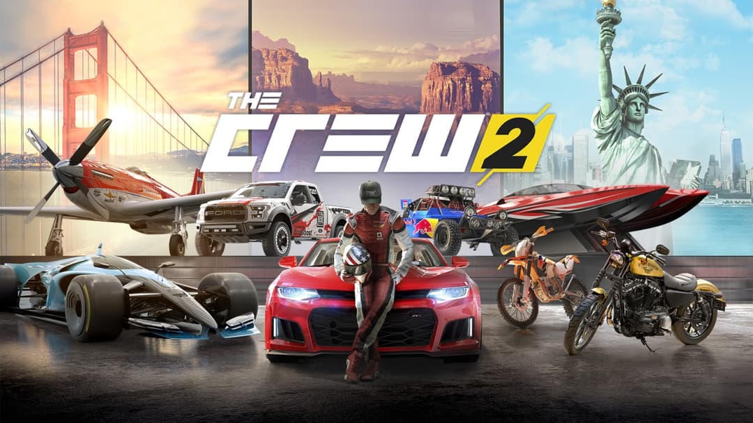 The Crew 2, jeu vidéo de course avec voitures, motos, bateaux et avions devant des monuments américains