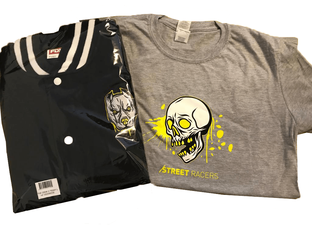 Veste noire à col rayé et t-shirt gris chiné The Crew 2 avec crâne jaune et texte Street Racers