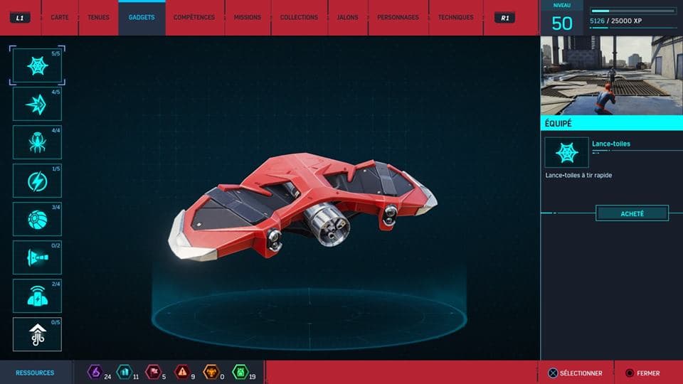 Interface de jeu Marvel's Spider-Man montrant un gadget Lance-toiles rouge et blanc dans le menu d'équipement