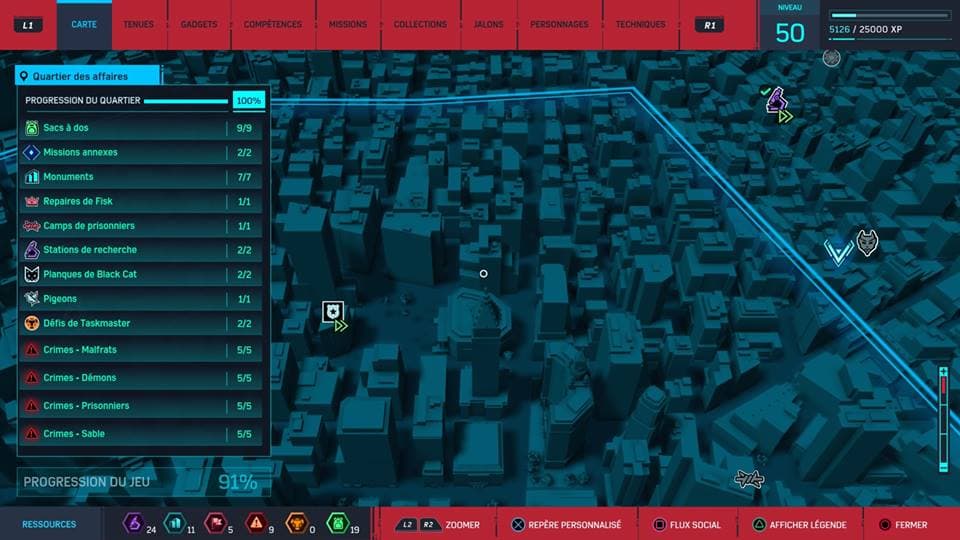 Carte de New-York en vue aérienne dans Marvel's Spider-Man, affichant les quartiers, missions et objectifs à compléter en bleu et rouge