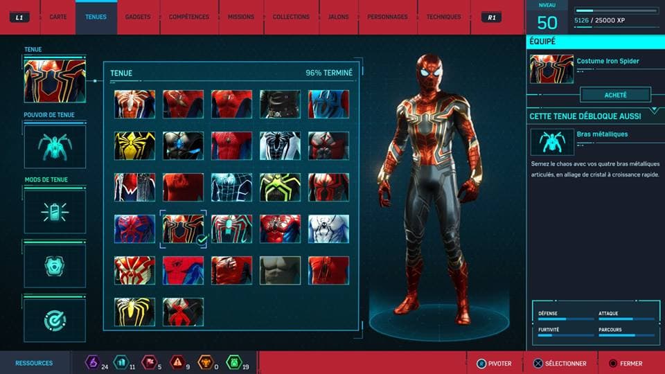 Écran de sélection de tenues dans Marvel's Spider-Man, montrant le costume Iron Spider en rouge et or avec plusieurs variantes de couleurs disponibles