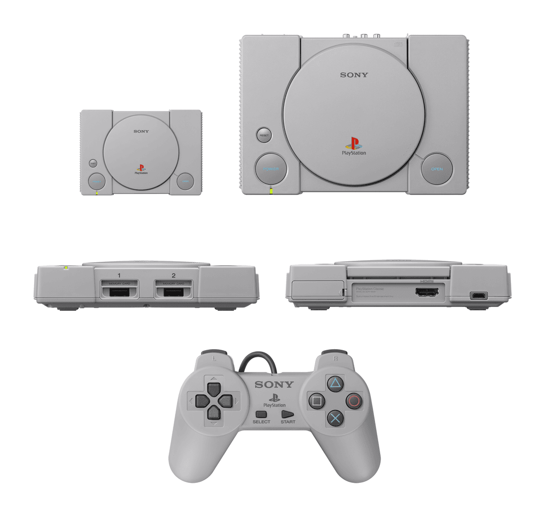PlayStation Classic grise avec manette et deux vues de la console montrant les connectiques avant et arrière