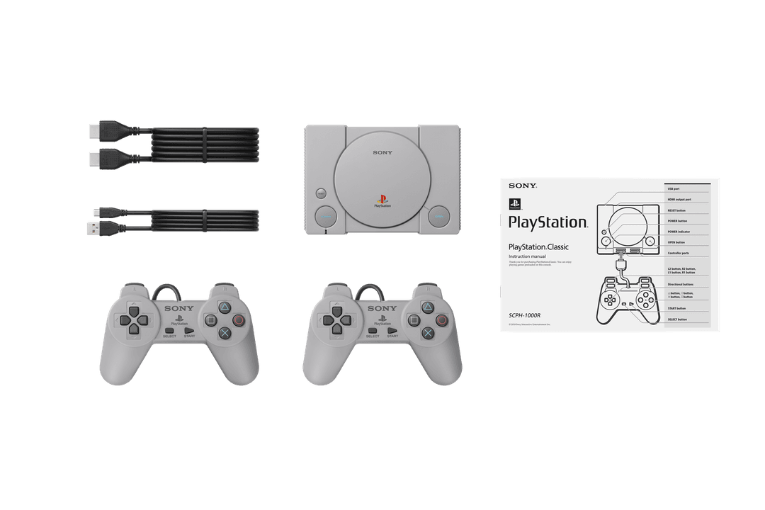 PlayStation Classic grise avec deux manettes grises, câbles de connexion et manuel d'instruction