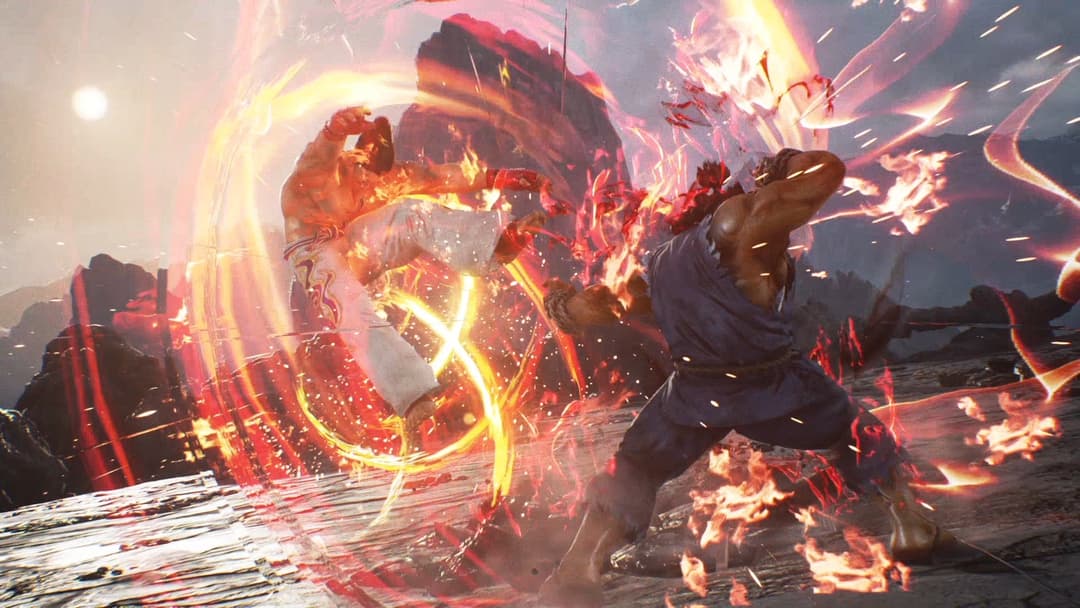 Personnage de Tekken 7 exécutant un coup spectaculaire avec des effets de feu et d'énergie rouge et or intenses