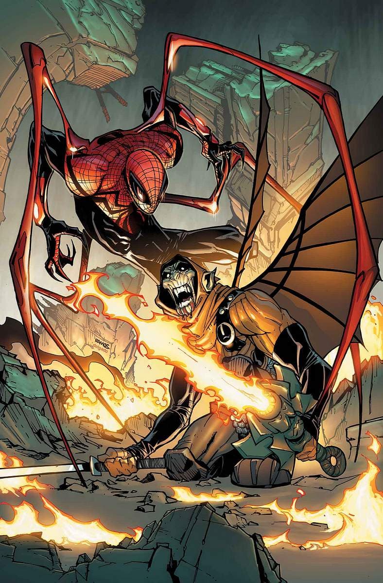 The Superior Spider-Man en costume rouge et noir combat des ennemis au milieu de flammes orange dans une ville détruite