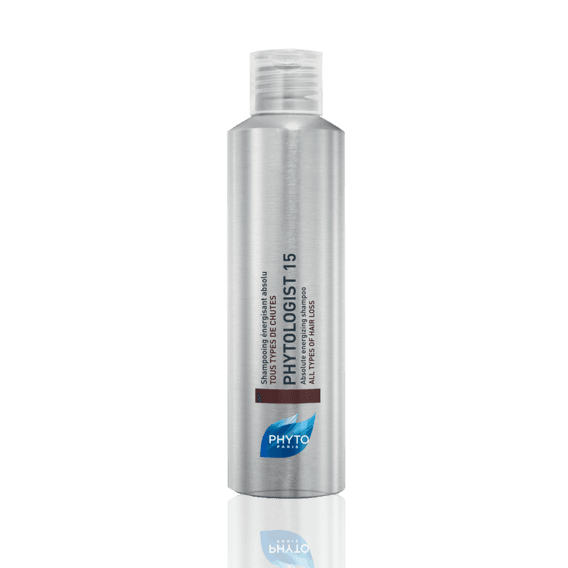 Flacon argenté de shampooing Phyto Phytoloisir 15, produit de soin capillaire avec logo bleu Phyto