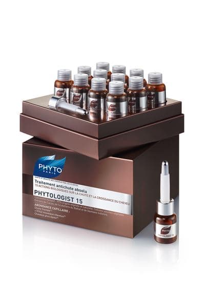 Coffret PHYTOLOGIST 15 contenant plusieurs flacons de soin capillaire brun foncé avec applicateur, traitement intensif pour cheveux fatigués