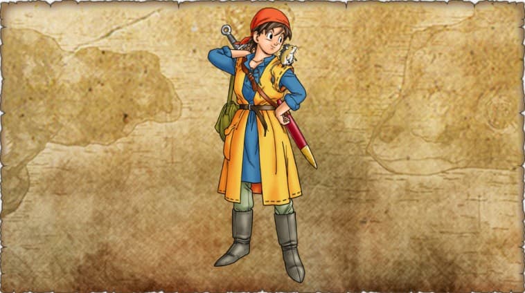 Le héros de Dragon Quest VIII en tenue d'aventurier, avec un bonnet rouge et une épée, sur fond parchemin beige