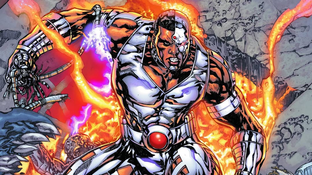 Cyborg, super-héros mi-homme mi-machine de DC Comics, en armure technologique blanche et rouge émettant des éclairs violets et des flammes orange