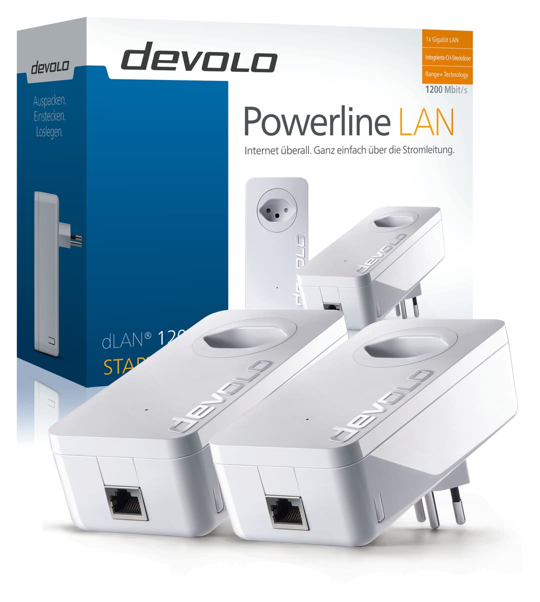 Boîte et adaptateurs CPL Devolo Powerline LAN blanc avec ports Ethernet et prise électrique intégrée