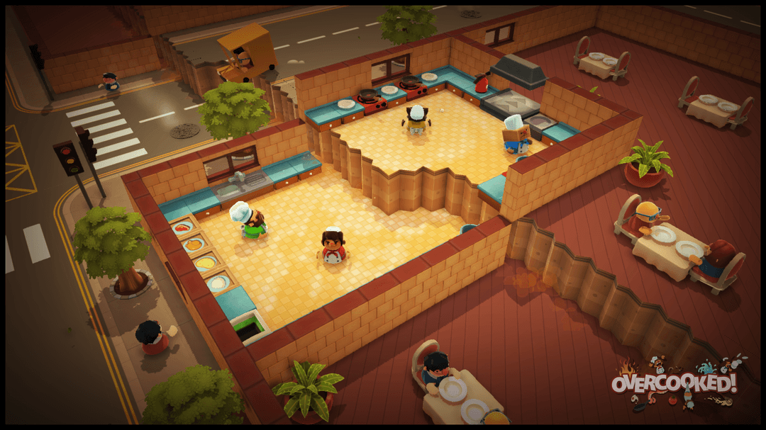 Capture d'écran d'Overcooked montrant deux cuisines colorées avec des personnages qui préparent des plats autour de comptoirs turquoise et jaunes