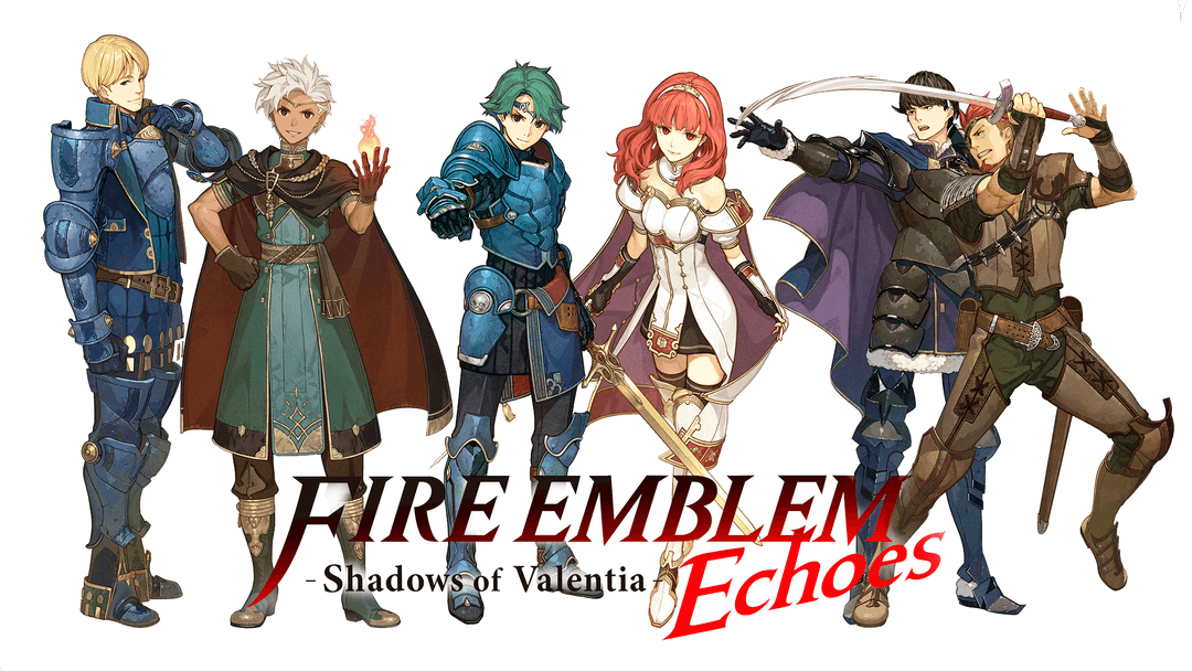 Six personnages guerriers en armure et costumes colorés alignés face à la caméra, logo Fire Emblem Echoes au centre