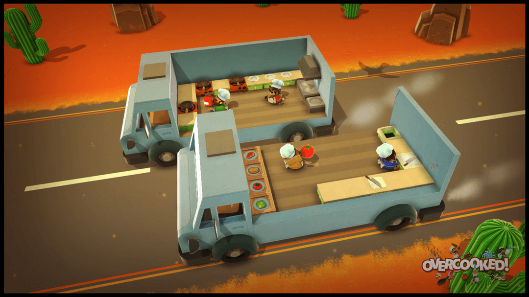 Deux food trucks stylisés en vue isométrique, avec des cuisines intérieures où s'agitent des personnages colorés préparant des plats dans un désert orange