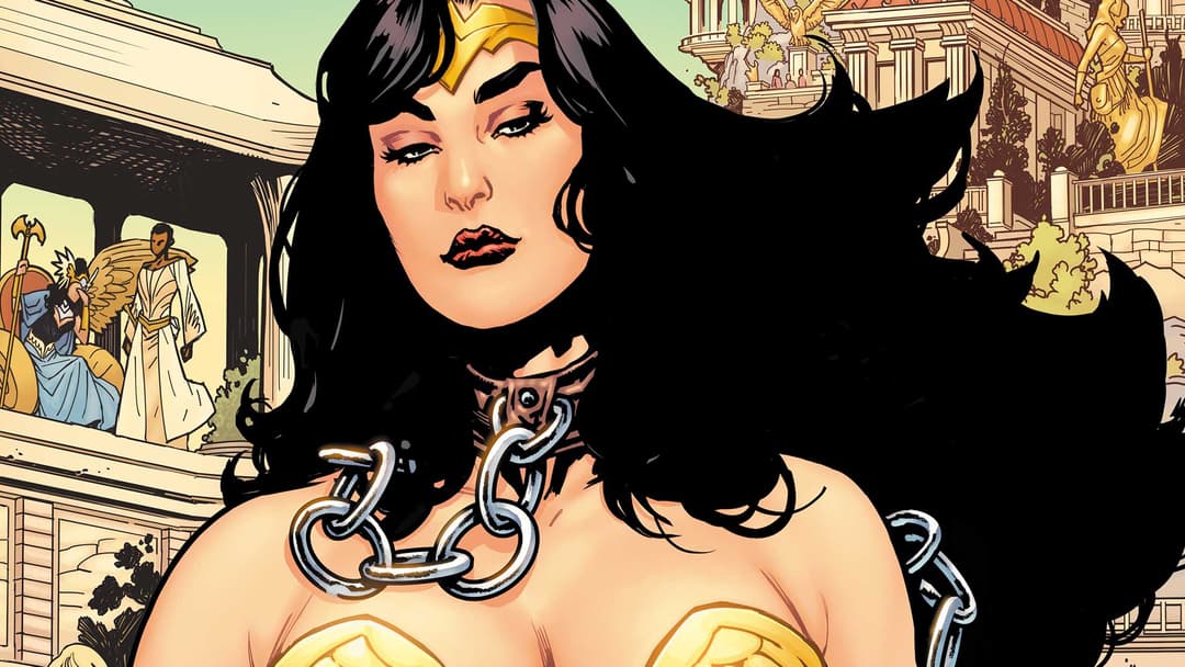 Wonder Woman, princesse Diana des Amazones, portrait en gros plan avec tiare dorée et costume rouge et or