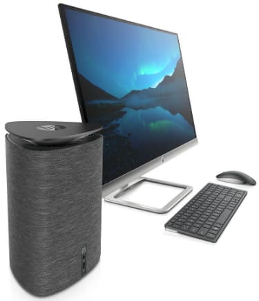 HP Pavilion Wave, tour PC cylindrique grise en tissu, accompagnée d'un écran, clavier et souris sans fil