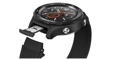 Huawei Watch 2 noire avec cadran chronographe, écran haute définition et emplacement de carte SIM ouvert