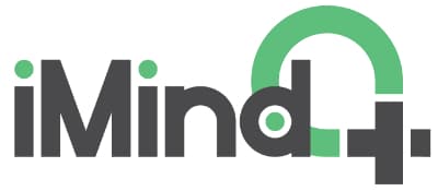 Logo iMindQ avec lettres gris foncé et symbole tête stylisée en vert