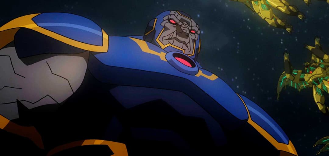 Darkseid, antagoniste aux traits anguleux et à l'armure bleu et or, face à Superman et Green Lantern dans l'espace