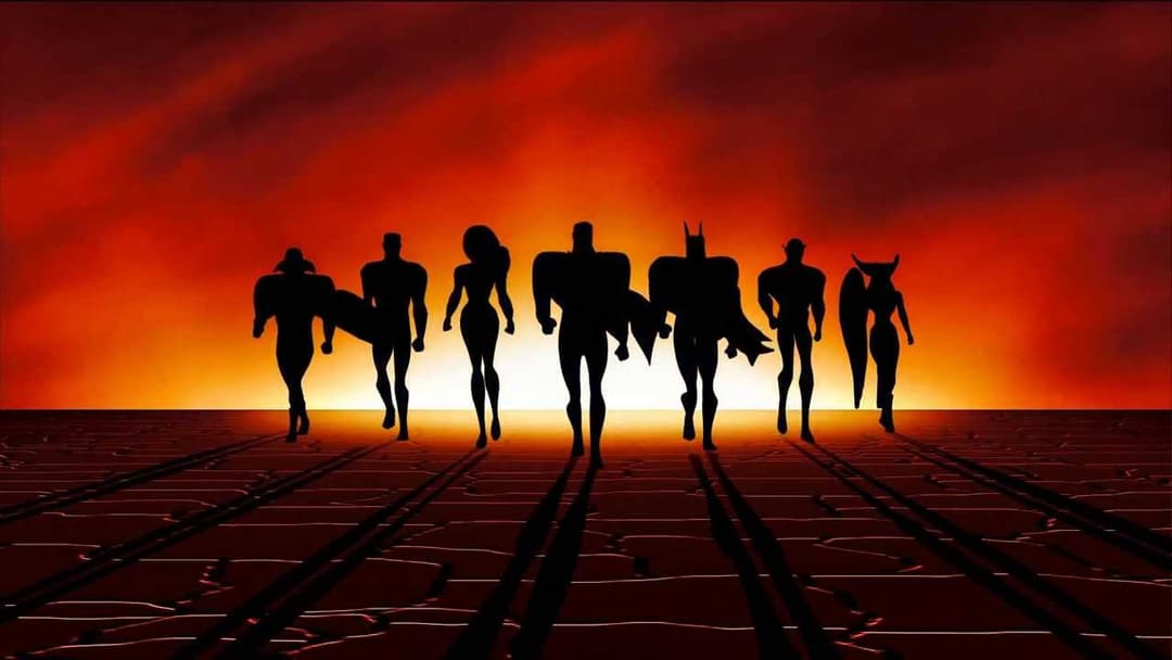 Sept silhouettes de super-héros en formation contre un ciel rouge et orange ardent