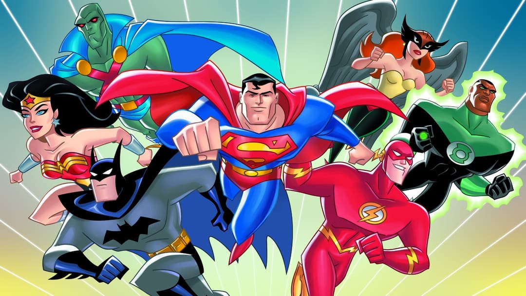 Les sept héros de la Ligue des Justiciers en formation : Superman, Batman, Wonder Woman, Flash, Lanterne Verte, Hawkgirl et Martien Manhunter