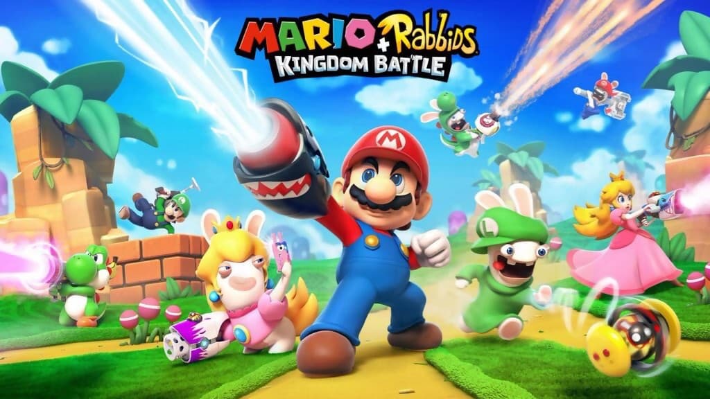 Mario en combinaison bleue et bonnet rouge au centre, entouré de Lapins Crétins colorés et de personnages Nintendo dans un univers verdoyant avec effets de magie