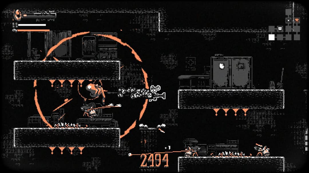 Capture d'écran de Nongünz montrant un personnage pixelisé dans un donjon souterrain avec des plateformes, des ennemis orange et des pointes, en style pixel art noir et orange
