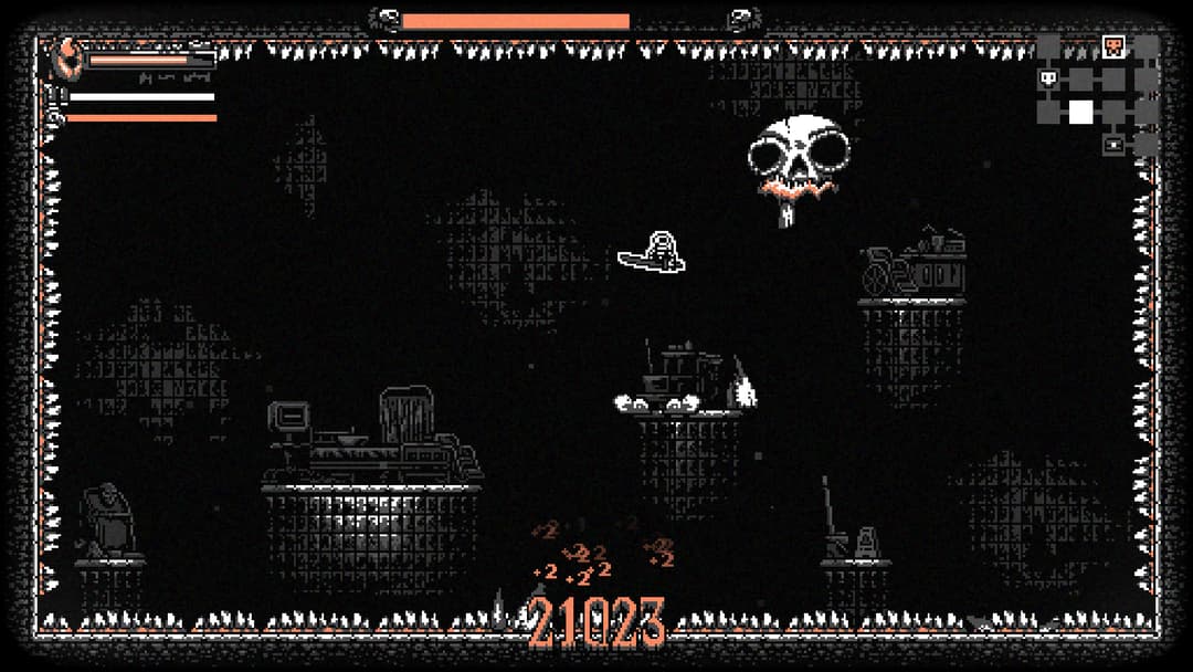 Écran de gameplay de Nongünz montrant un personnage pixel art dans un environnement urbain pixelisé noir et blanc avec des ennemis squelettes et des chiffres de dégâts