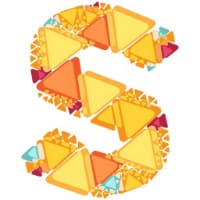 Logo iMindQ, lettre S stylisée en jaune et orange avec motifs géométriques colorés