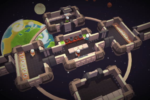 Niveau de cuisine d'Overcooked se déroulant sur une plateforme flottante en orbite autour d'une planète verte dans l'espace