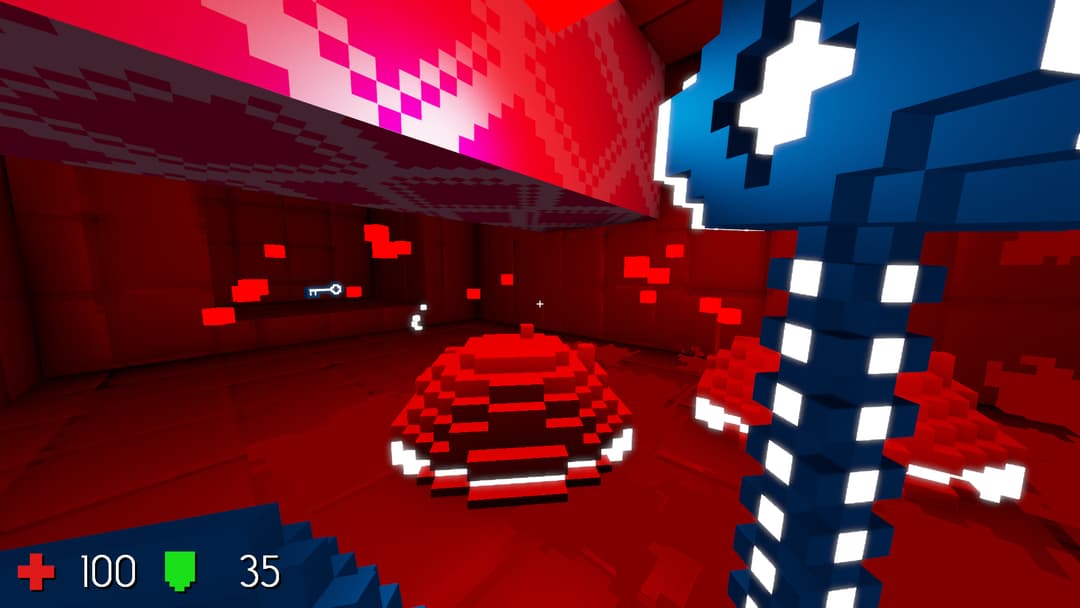 Gorescript: terrain rouge avec structures pixelisées, plateforme centrale et colonne bleue, interface affichant santé et munitions