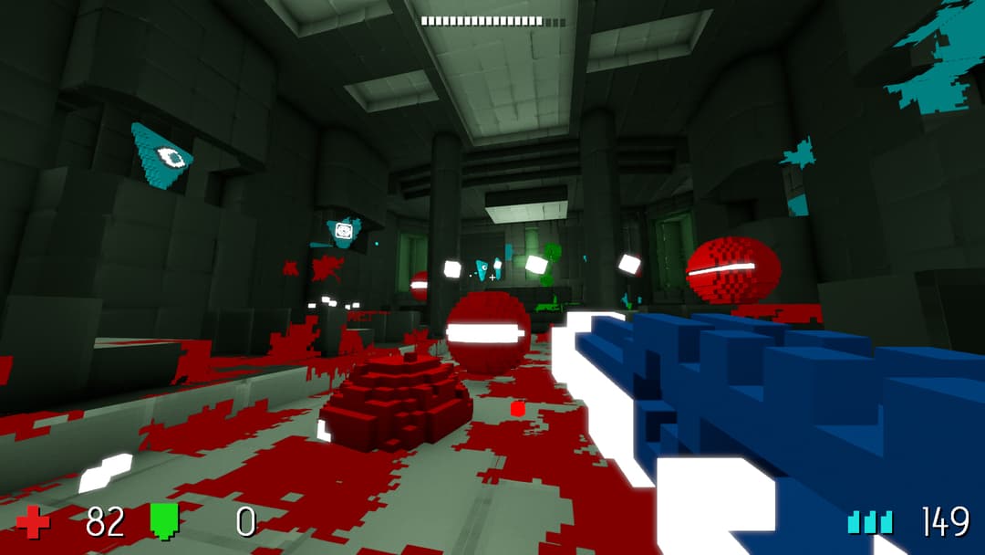 Gorescript, laboratoire futuriste aux murs gris avec monstres rouges et arme bleue au premier plan, interface de jeu affichant la santé et les munitions