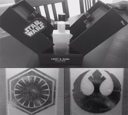 Coffret de parfums Star Wars Light & Dark ouvert latéralement, montrant deux flacons et les insignes de l'Empire et des Rebelles